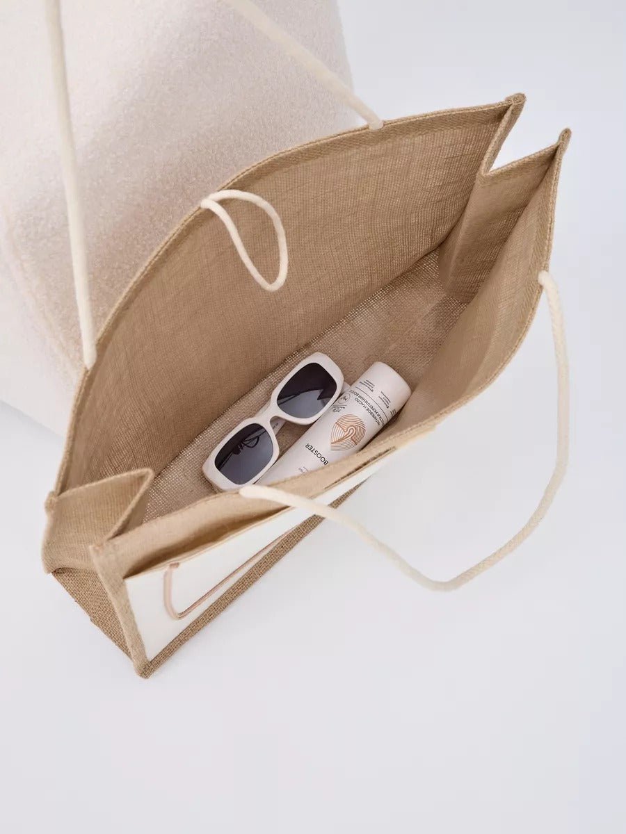 Sac de plage cabas en toile de jute, grand format, fermeture bouton, anses longues, sac à main extérieur, tote - bags vacances, modèle Maya - Sac de plage - Blanc
