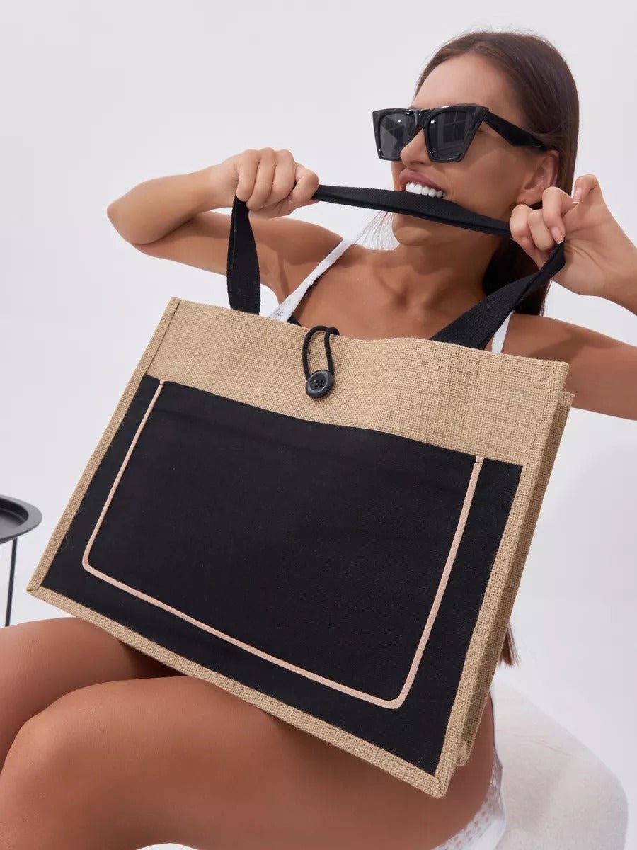 Sac de plage cabas en toile de jute, grand format, fermeture bouton, anses longues, sac à main extérieur, tote - bags vacances, modèle Maya - Sac de plage - Noir