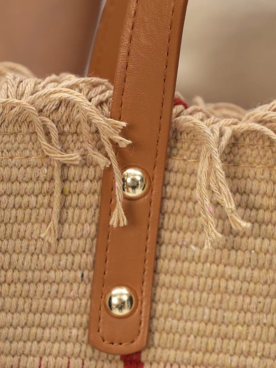 Sac de plage cabas, grand format, tote bag tissé main, anse longue, motif rayé, carreaux écossais, modèle Lucie - Sac de plage - Beige
