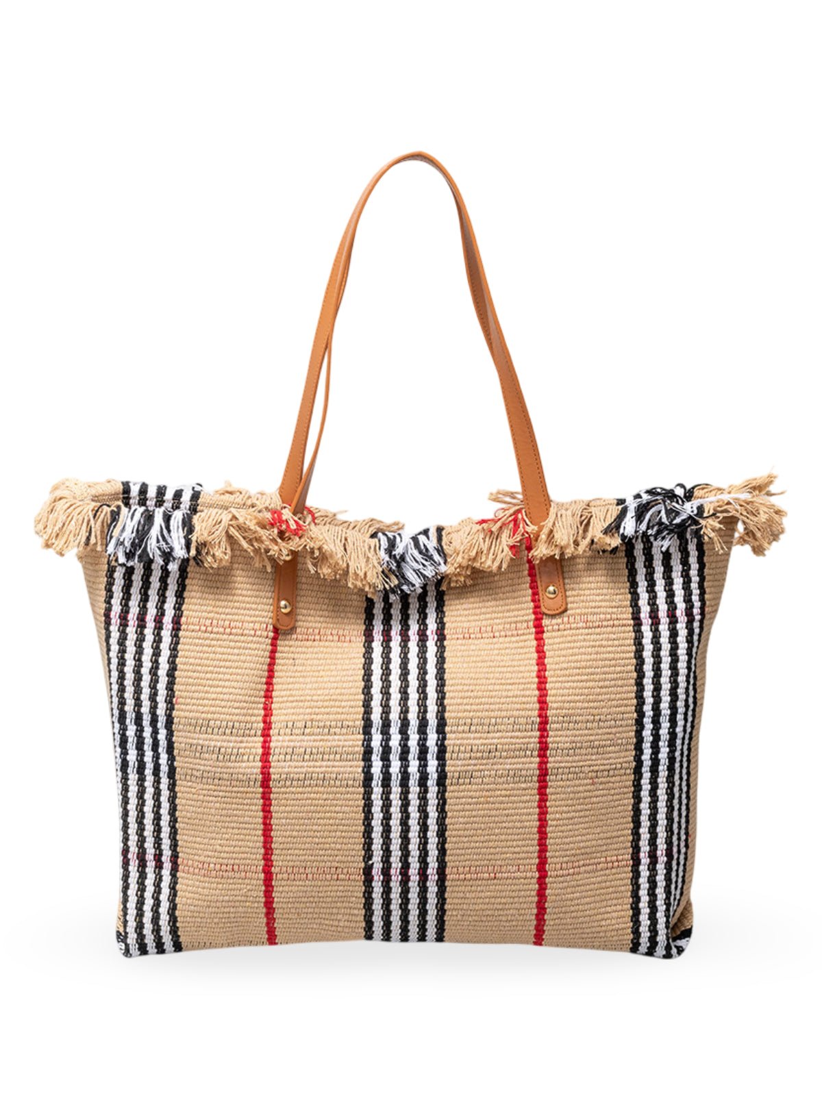 Sac de plage cabas, grand format, tote bag tissé main, anse longue, motif rayé, carreaux écossais, modèle Lucie - Sac de plage - Beige