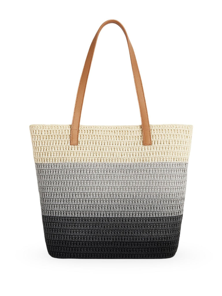 Sac de plage cabas, paille raphia multicolore, grand format, plage, été, anses simili vegan, tote bag vacances, modèle Julie - Sac de plage - Gris et gris foncé