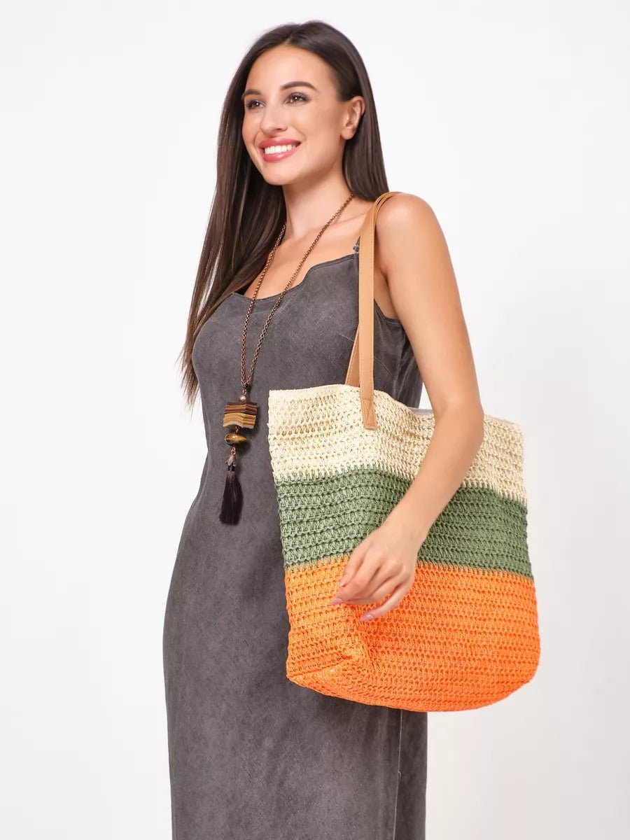 Sac de plage cabas, paille raphia multicolore, grand format, plage, été, anses simili vegan, tote bag vacances, modèle Julie - Sac de plage - Vert et orange