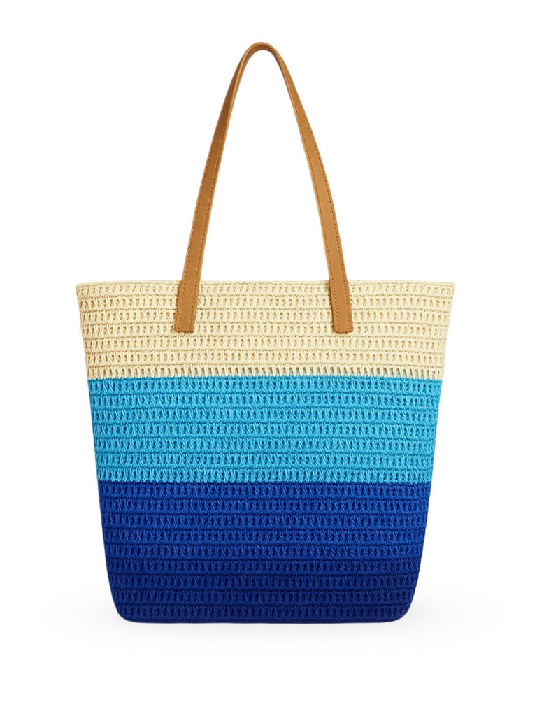 Sac de plage cabas, paille raphia multicolore, grand format, plage, été, anses simili vegan, tote bag vacances, modèle Julie - Sac de plage - Bleu et bleu foncé