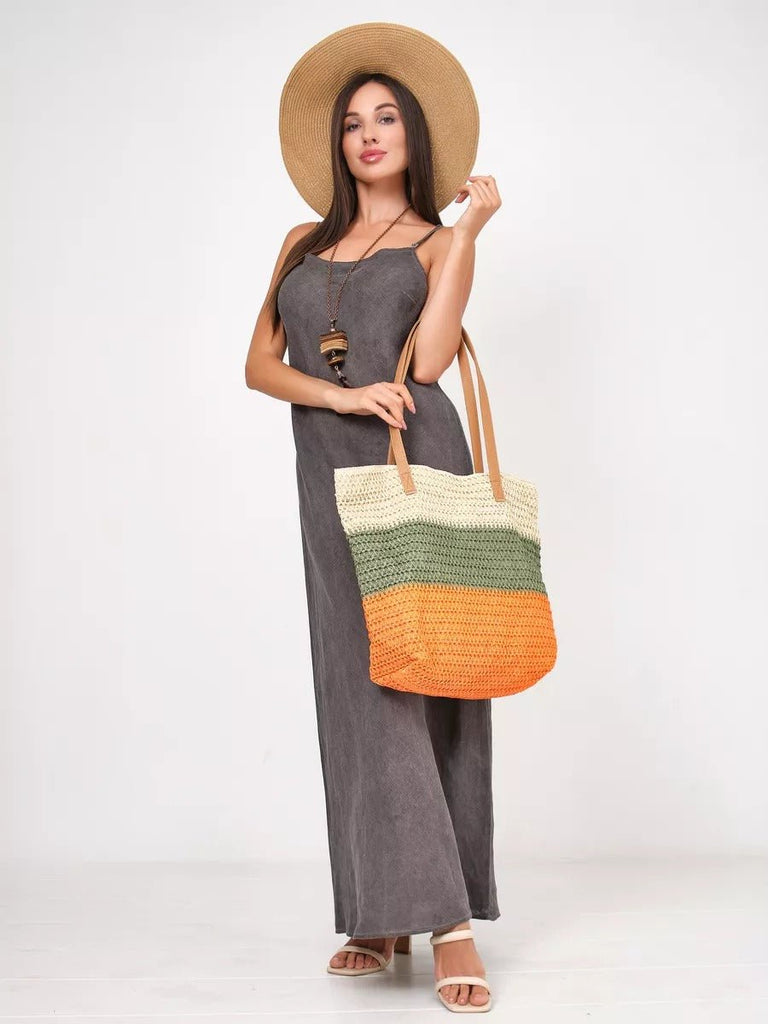 Sac de plage cabas, paille raphia multicolore, grand format, plage, été, anses simili vegan, tote bag vacances, modèle Julie - Sac de plage - Vert et orange