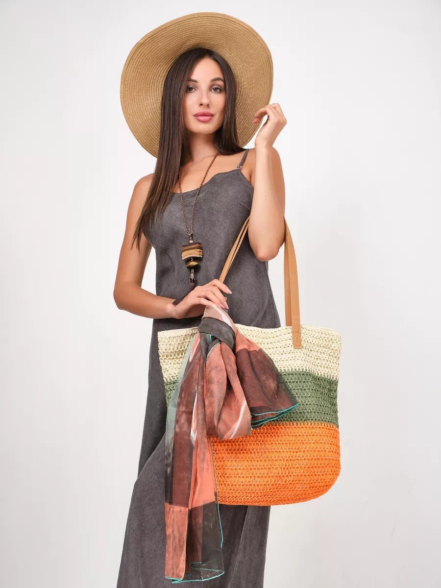 Sac de plage cabas, paille raphia multicolore, grand format, plage, été, anses simili vegan, tote bag vacances, modèle Julie - Sac de plage - Vert et orange