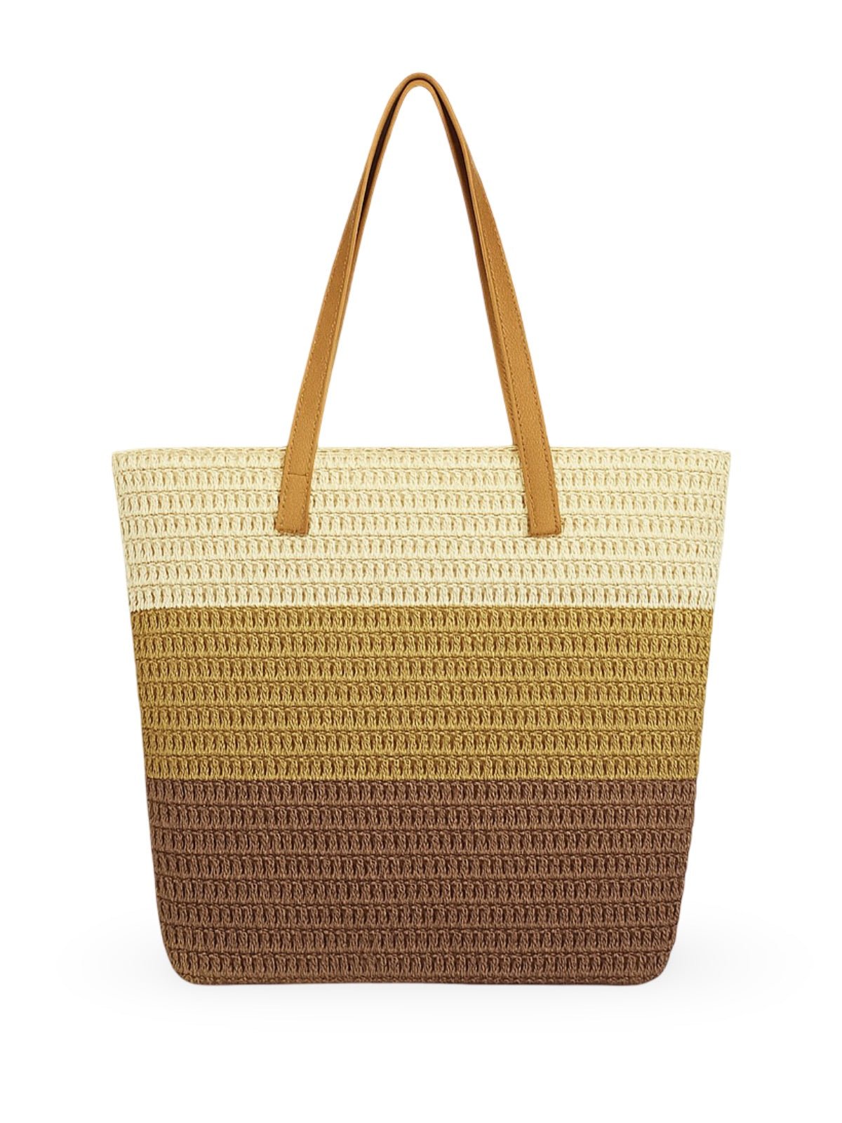 Sac de plage cabas, paille raphia multicolore, grand format, plage, été, anses simili vegan, tote bag vacances, modèle Julie - Sac de plage - Beige et marron