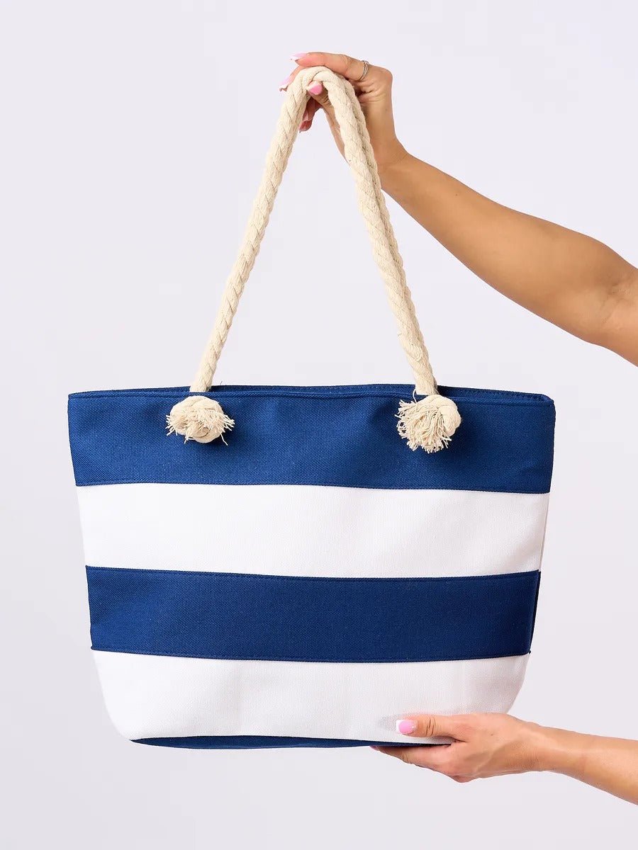 Sac de plage cabas rayé toile coton, anse en corde épaisse, grand sac épaule femme, sac d’été léger, motif rayures marines, modèle Kayline - Sac de plage - Bleu