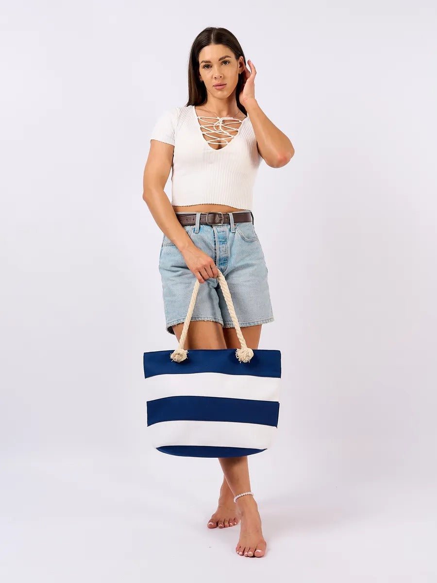 Sac de plage cabas rayé toile coton, anse en corde épaisse, grand sac épaule femme, sac d’été léger, motif rayures marines, modèle Kayline - Sac de plage - Bleu