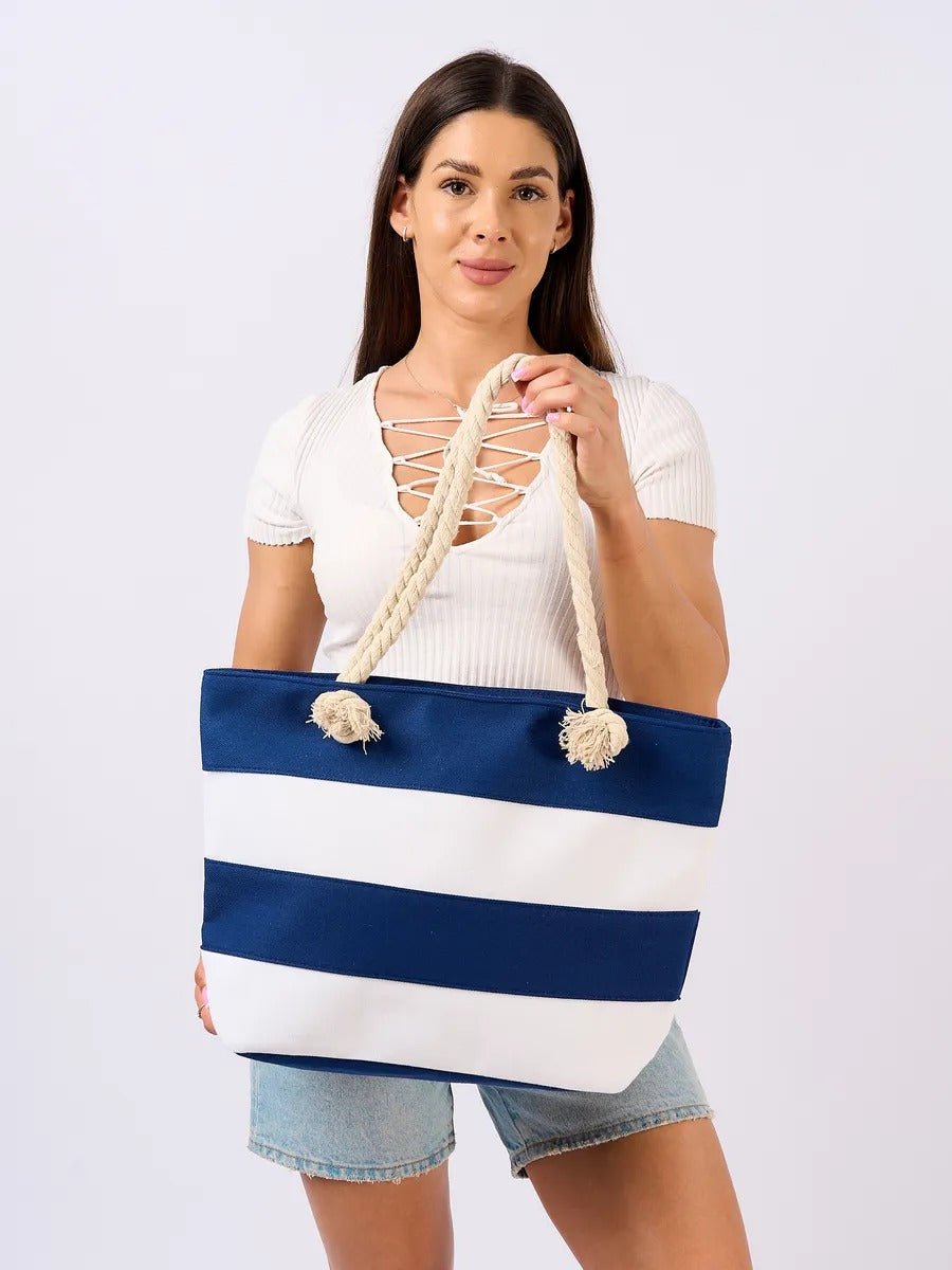 Sac de plage cabas rayé toile coton, anse en corde épaisse, grand sac épaule femme, sac d’été léger, motif rayures marines, modèle Kayline - Sac de plage - Bleu