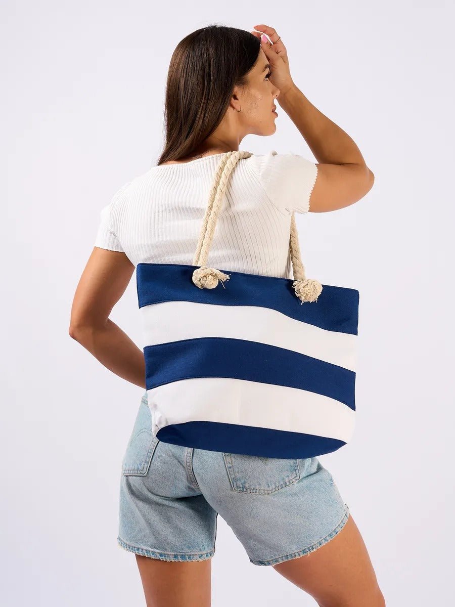 Sac de plage cabas rayé toile coton, anse en corde épaisse, grand sac épaule femme, sac d’été léger, motif rayures marines, modèle Kayline - Sac de plage - Bleu