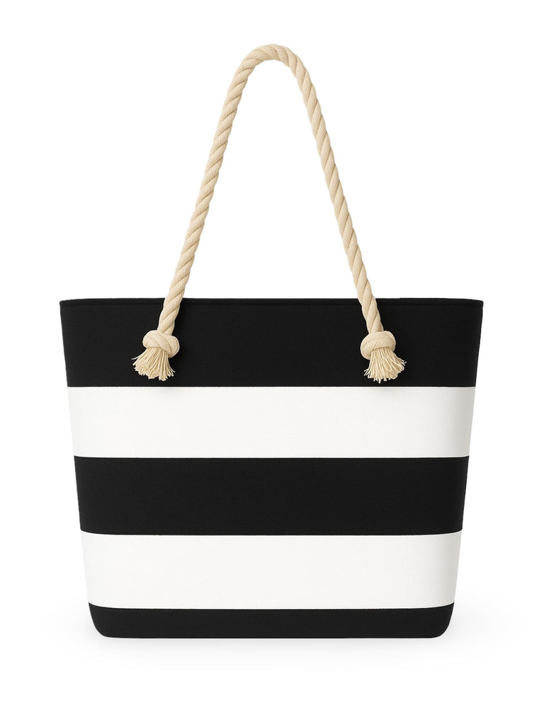 Sac de plage cabas rayé toile coton, anse en corde épaisse, grand sac épaule femme, sac d’été léger, motif rayures marines, modèle Kayline - Sac de plage - Noir