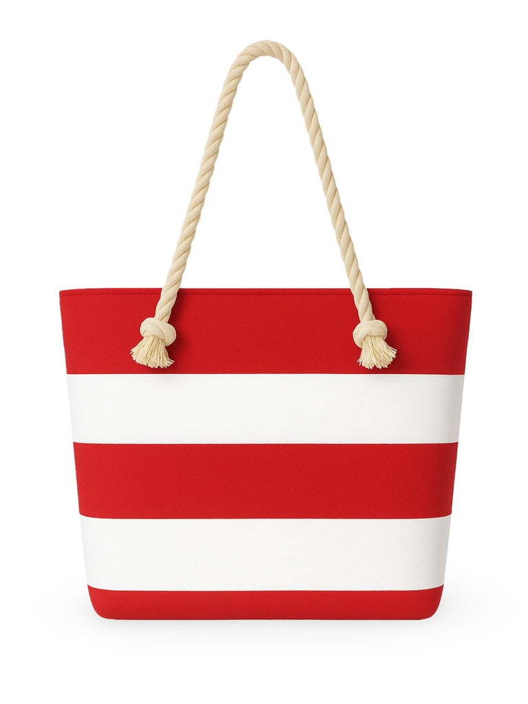 Sac de plage cabas rayé toile coton, anse en corde épaisse, grand sac épaule femme, sac d’été léger, motif rayures marines, modèle Kayline - Sac de plage - Rouge