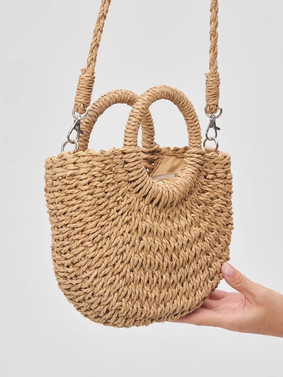 Sac de plage demi - lune en raphia, bandoulière d'été, sac à main rond tissé, idéal vacances, modèle Emilia - Sac de plage - Camel
