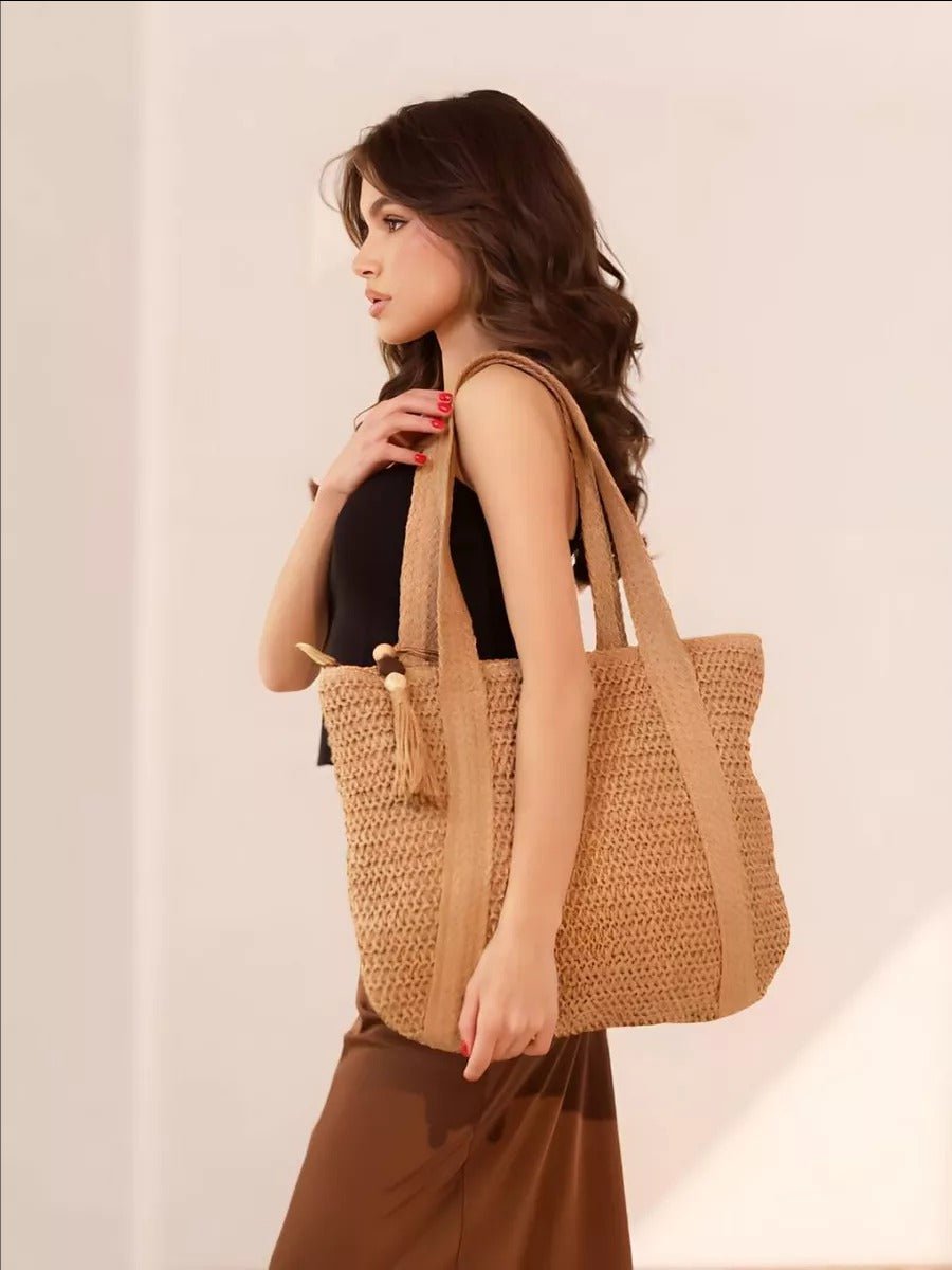 Sac de plage en paille, tissé, cabas d'été, style tote bag en raphia, sac shopper vacances, modèle Mathilde - Sac de plage - Camel
