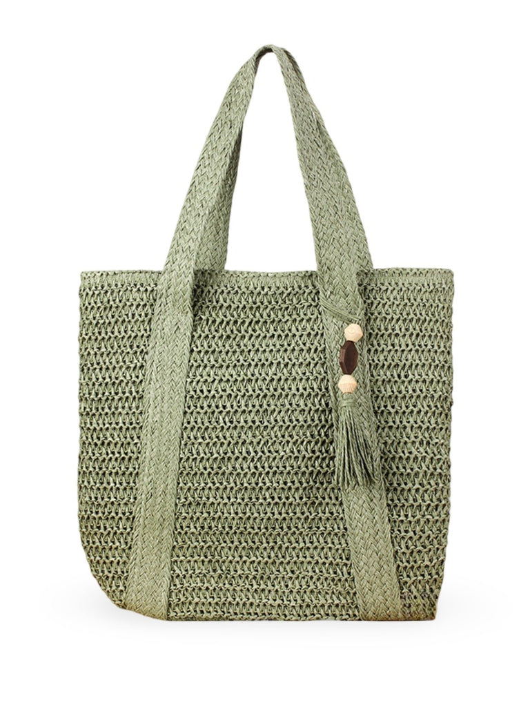 Sac de plage en paille, tissé, cabas d'été, style tote bag en raphia, sac shopper vacances, modèle Mathilde - Sac de plage - Vert