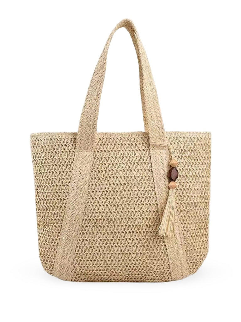 Sac de plage en paille, tissé, cabas d'été, style tote bag en raphia, sac shopper vacances, modèle Mathilde - Sac de plage - Beige
