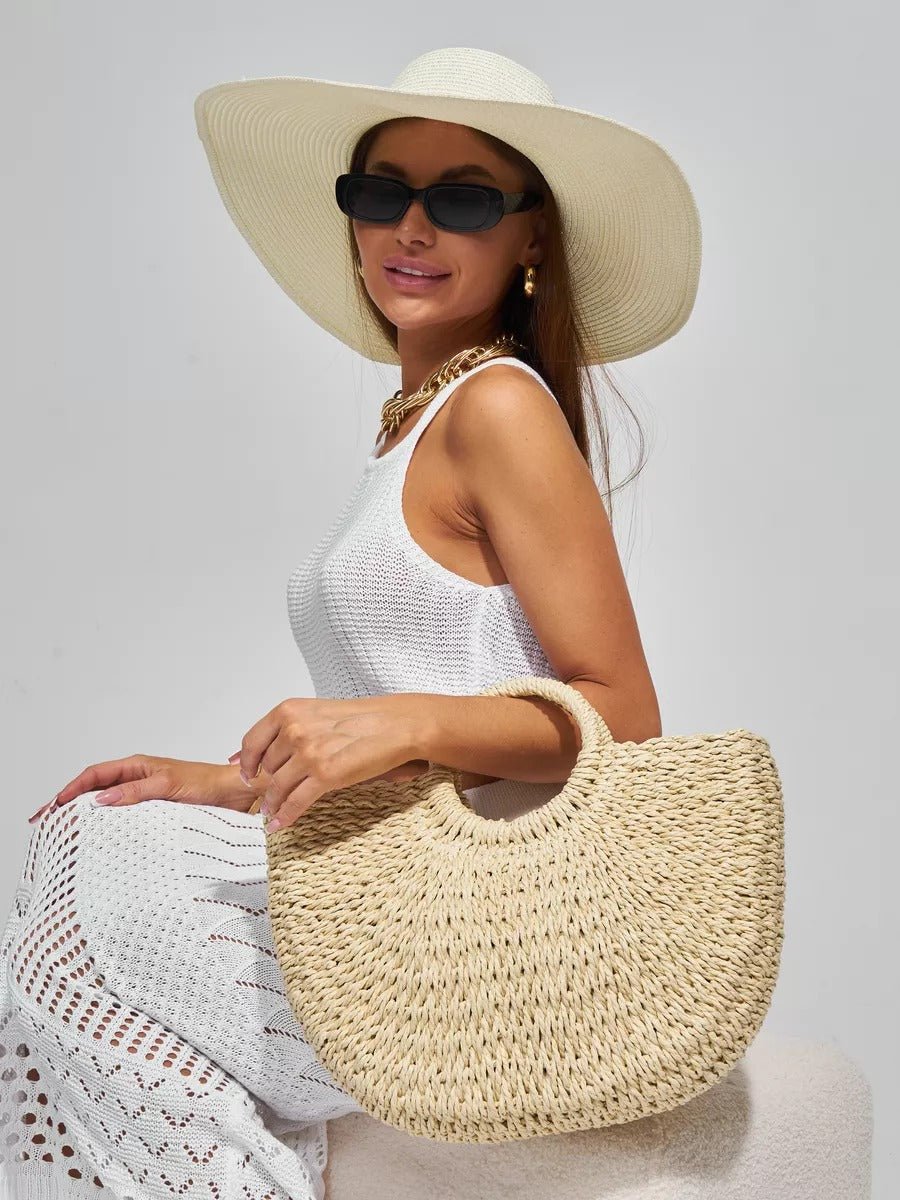 Sac de plage en raphia, cabas rond tressé, sac d’été à main, grand sac bohème, à cordon en paille, modèle Lolita - Sac de plage - Beige