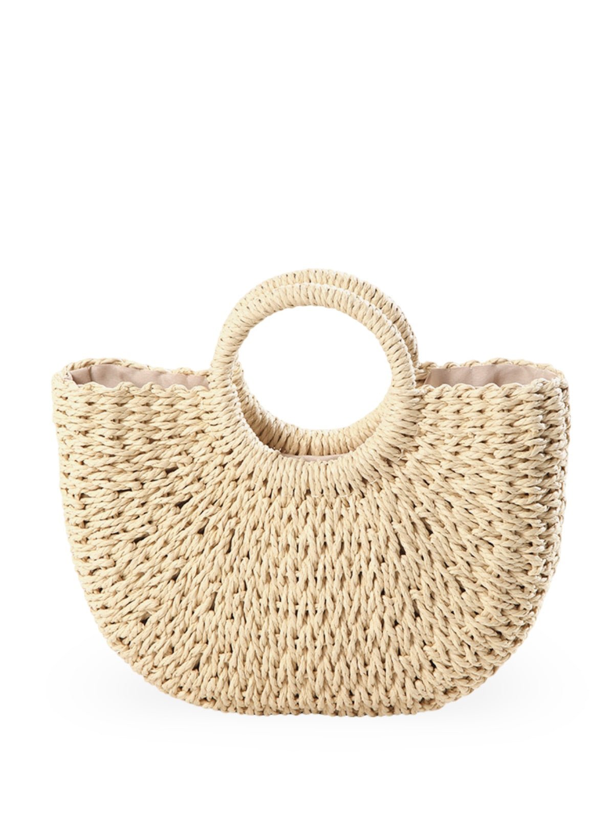 Sac de plage en raphia, cabas rond tressé, sac d’été à main, grand sac bohème, à cordon en paille, modèle Lolita - Sac de plage - Beige