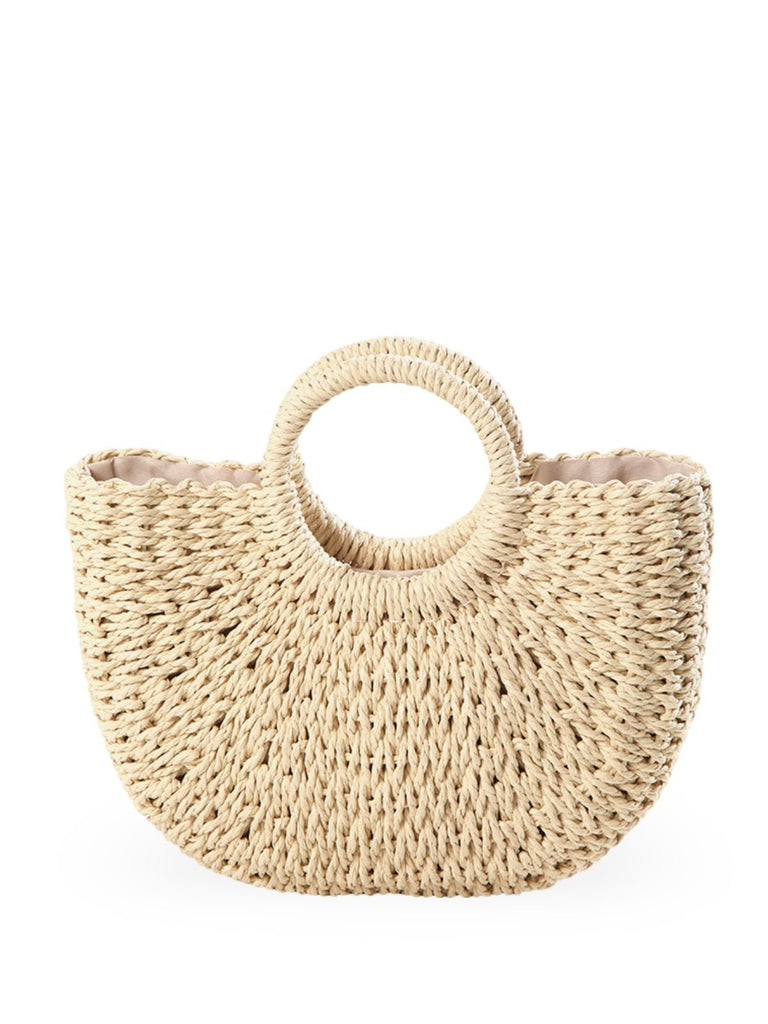 Sac de plage en raphia, cabas rond tressé, sac d’été à main, grand sac bohème, à cordon en paille, modèle Lolita - Sac de plage - Beige