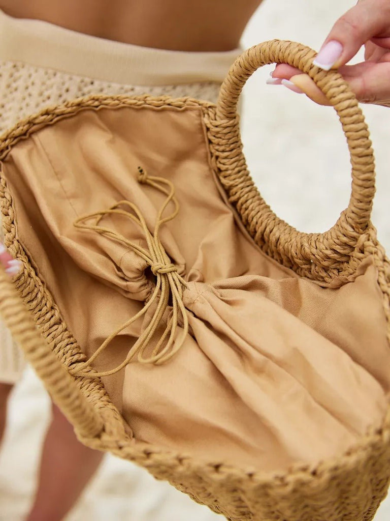 Sac de plage en raphia, cabas rond tressé, sac d’été à main, grand sac bohème, à cordon en paille, modèle Lolita - Sac de plage - Camel