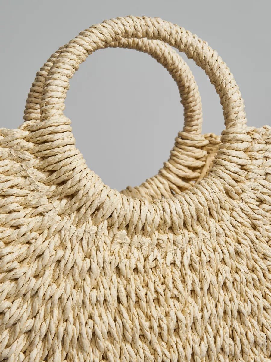 Sac de plage en raphia, cabas rond tressé, sac d’été à main, grand sac bohème, à cordon en paille, modèle Lolita - Sac de plage - Beige