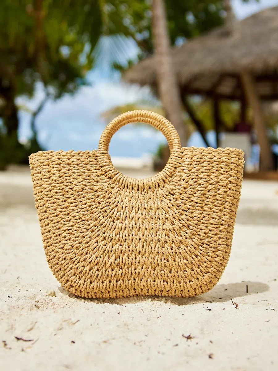 Sac de plage en raphia, cabas rond tressé, sac d’été à main, grand sac bohème, à cordon en paille, modèle Lolita - Sac de plage - Camel