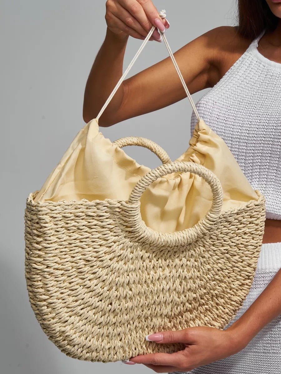 Sac de plage en raphia, cabas rond tressé, sac d’été à main, grand sac bohème, à cordon en paille, modèle Lolita - Sac de plage - Beige