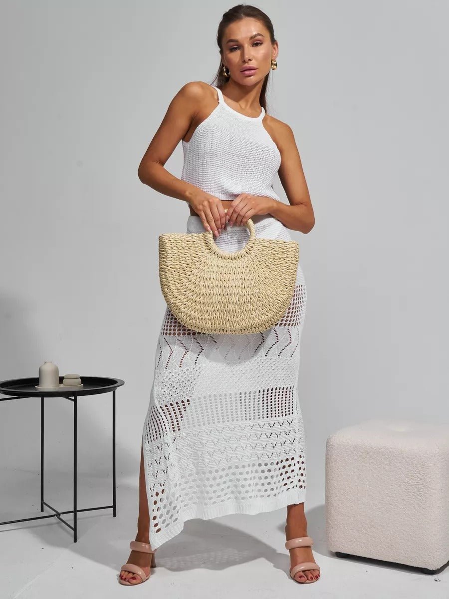 Sac de plage en raphia, cabas rond tressé, sac d’été à main, grand sac bohème, à cordon en paille, modèle Lolita - Sac de plage - Beige