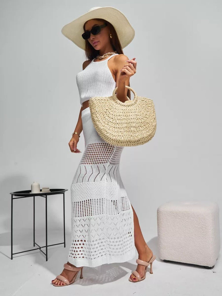Sac de plage en raphia, cabas rond tressé, sac d’été à main, grand sac bohème, à cordon en paille, modèle Lolita - Sac de plage - Beige