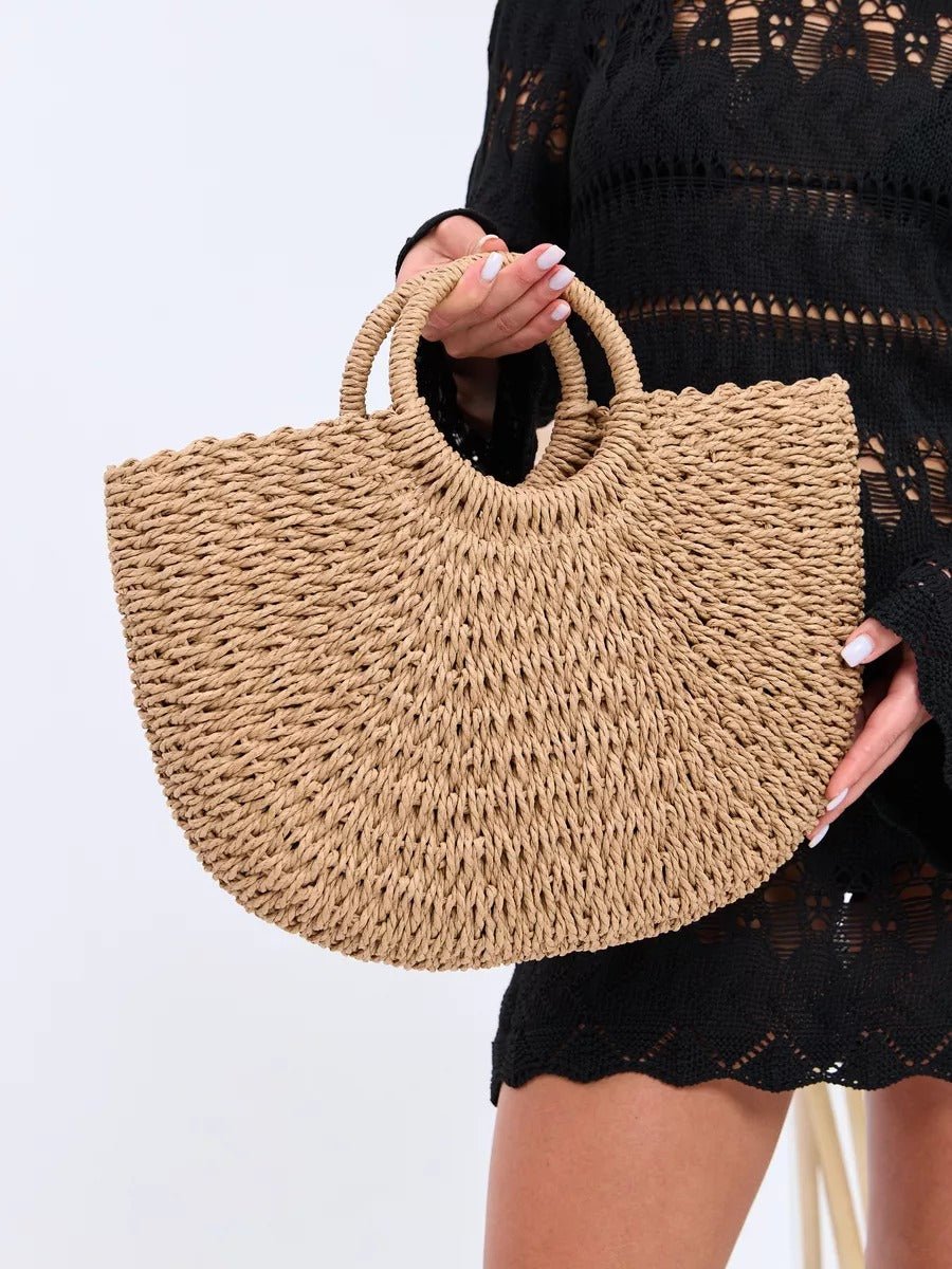 Sac de plage en raphia, cabas rond tressé, sac d’été à main, grand sac bohème, à cordon en paille, modèle Lolita - Sac de plage - Camel