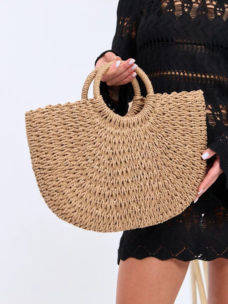 Sac de plage en raphia, cabas rond tressé, sac d’été à main, grand sac bohème, à cordon en paille, modèle Lolita - Sac de plage - Camel