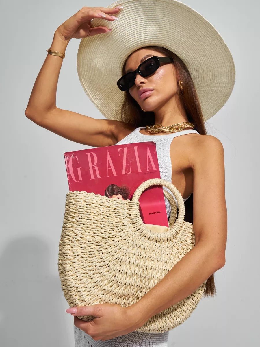 Sac de plage en raphia, cabas rond tressé, sac d’été à main, grand sac bohème, à cordon en paille, modèle Lolita - Sac de plage - Beige