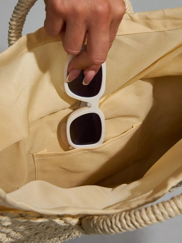 Sac de plage en raphia, cabas rond tressé, sac d’été à main, grand sac bohème, à cordon en paille, modèle Lolita - Sac de plage - Beige
