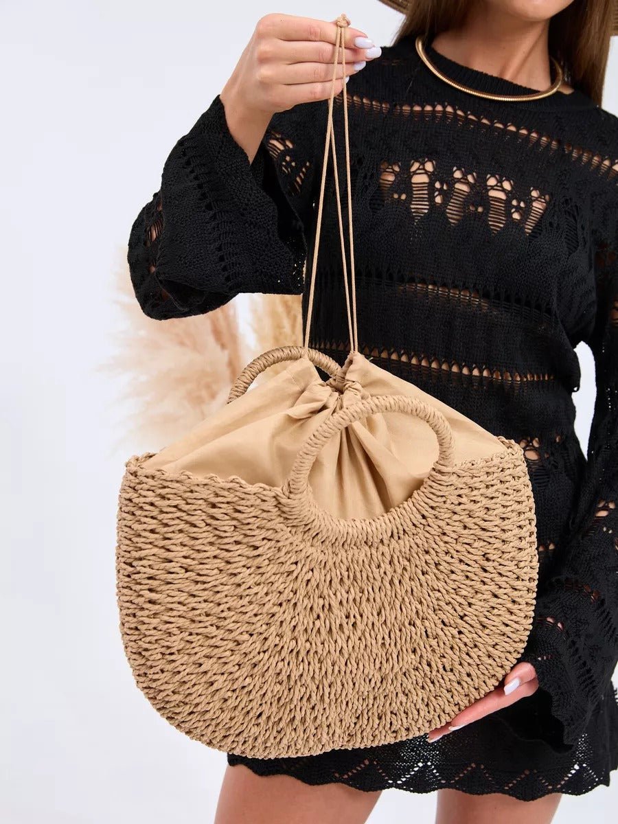 Sac de plage en raphia, cabas rond tressé, sac d’été à main, grand sac bohème, à cordon en paille, modèle Lolita - Sac de plage - Camel