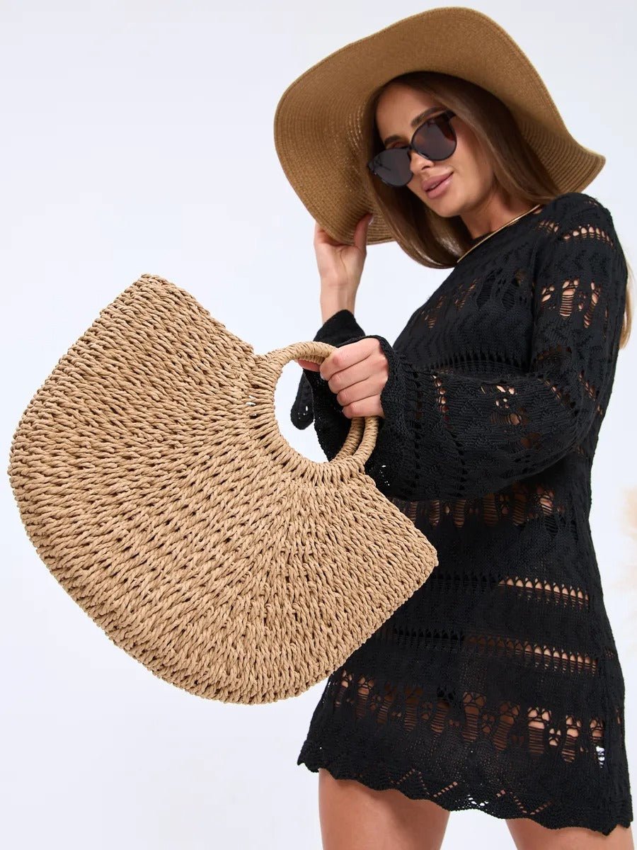 Sac de plage en raphia, cabas rond tressé, sac d’été à main, grand sac bohème, à cordon en paille, modèle Lolita - Sac de plage - Camel