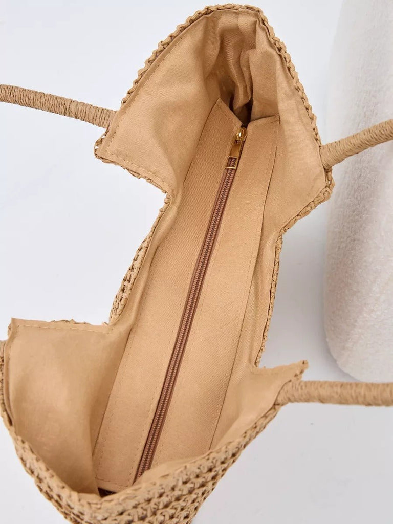 Sac de plage en raphia, grand format, léger, vacances à la mer, porté épaule, style tote bag à paille, modèle Alexia - Sac de plage - Camel