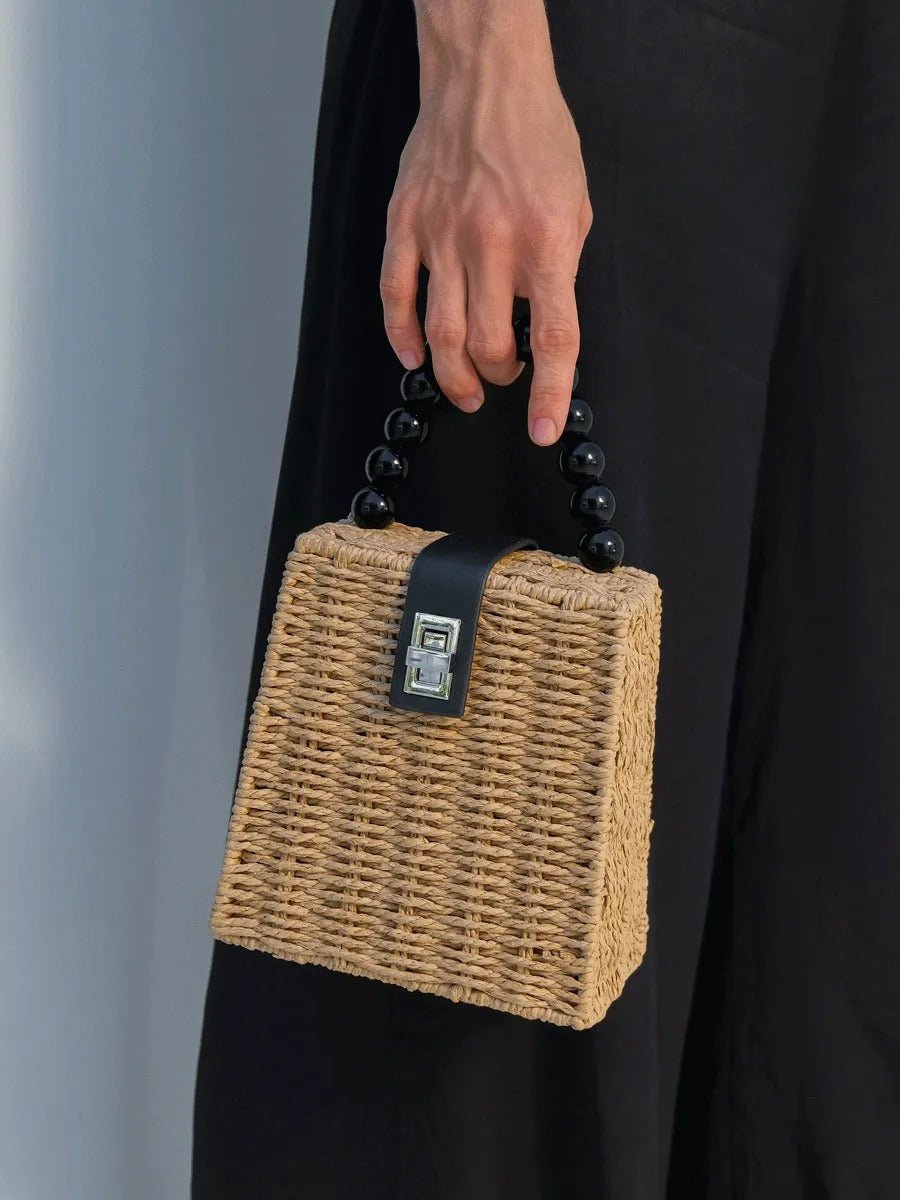 Sac de plage en raphia, perles noires, anse rigide, bandoulière amovible, petit format compact, modèle Claire - Sac de plage - Camel