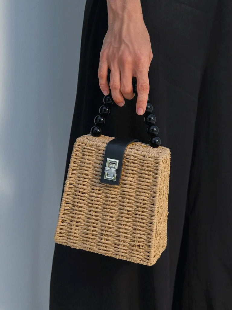 Sac de plage en raphia, perles noires, anse rigide, bandoulière amovible, petit format compact, modèle Claire - Sac de plage - Camel