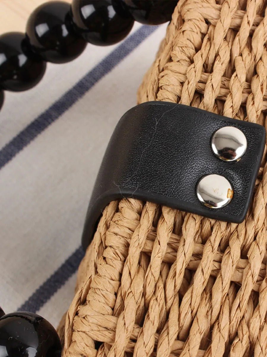 Sac de plage en raphia, perles noires, anse rigide, bandoulière amovible, petit format compact, modèle Claire - Sac de plage - Camel