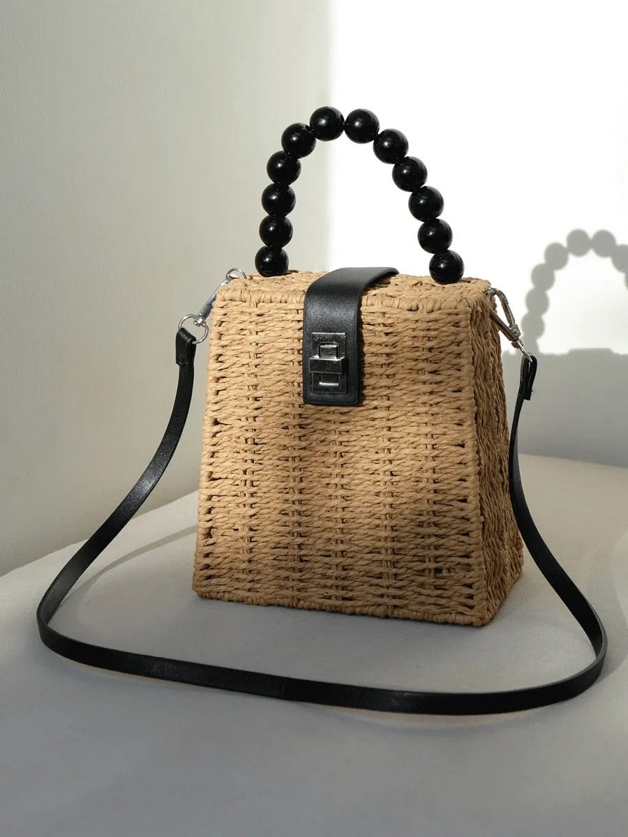 Sac de plage en raphia, perles noires, anse rigide, bandoulière amovible, petit format compact, modèle Claire - Sac de plage - Camel