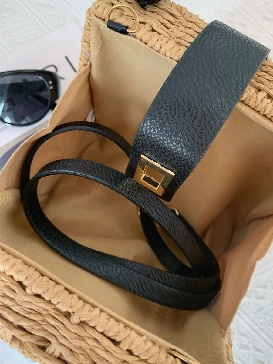 Sac de plage en raphia, perles noires, anse rigide, bandoulière amovible, petit format compact, modèle Claire - Sac de plage - Camel