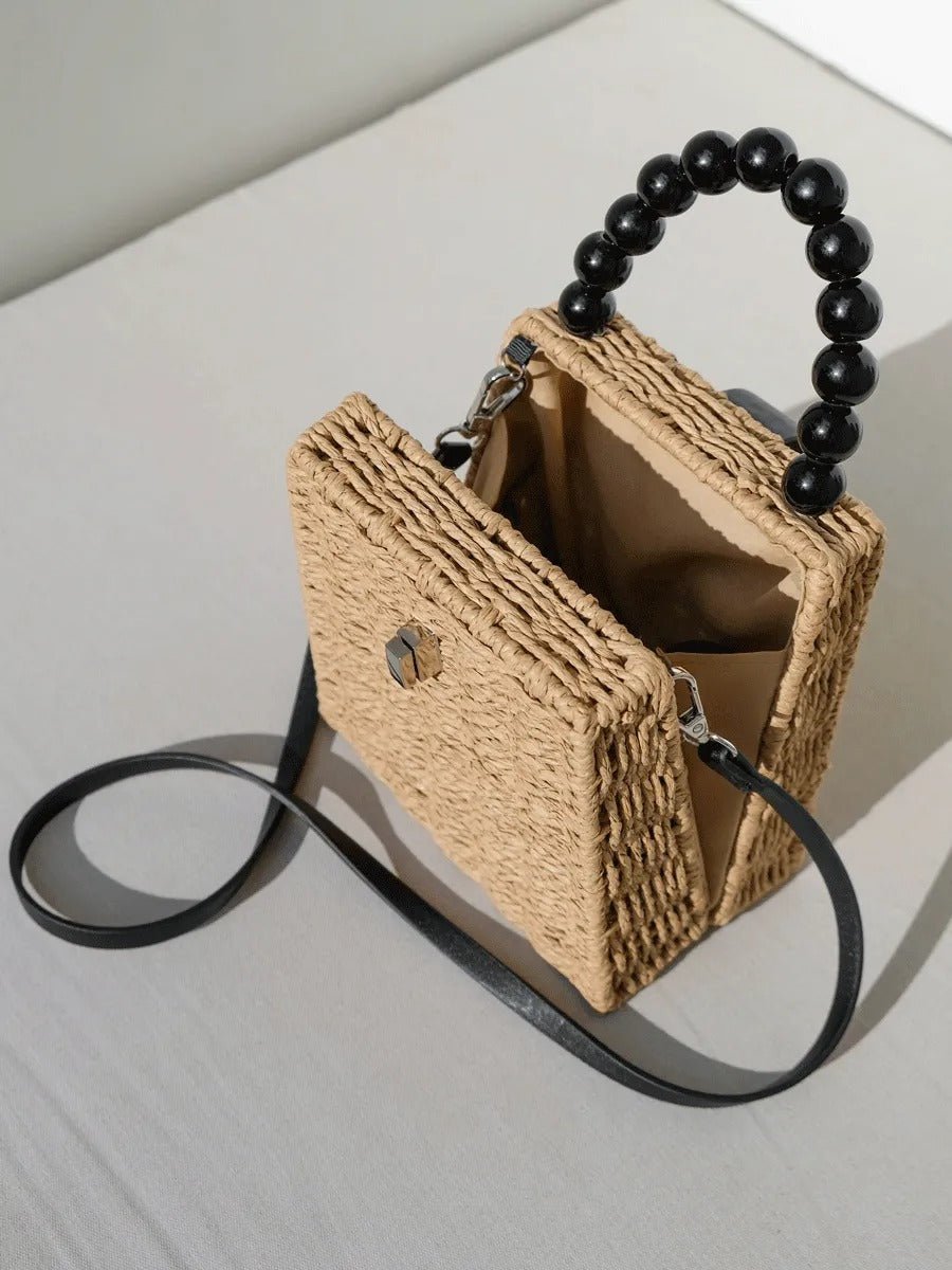Sac de plage en raphia, perles noires, anse rigide, bandoulière amovible, petit format compact, modèle Claire - Sac de plage - Camel