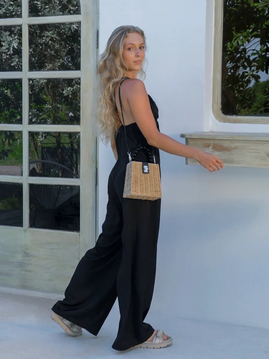Sac de plage en raphia, perles noires, anse rigide, bandoulière amovible, petit format compact, modèle Claire - Sac de plage - Camel