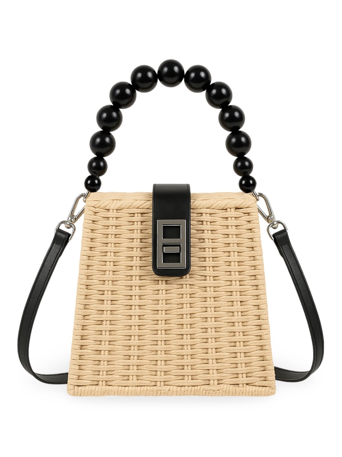 Sac de plage en raphia, perles noires, anse rigide, bandoulière amovible, petit format compact, modèle Claire - Sac de plage - Beige