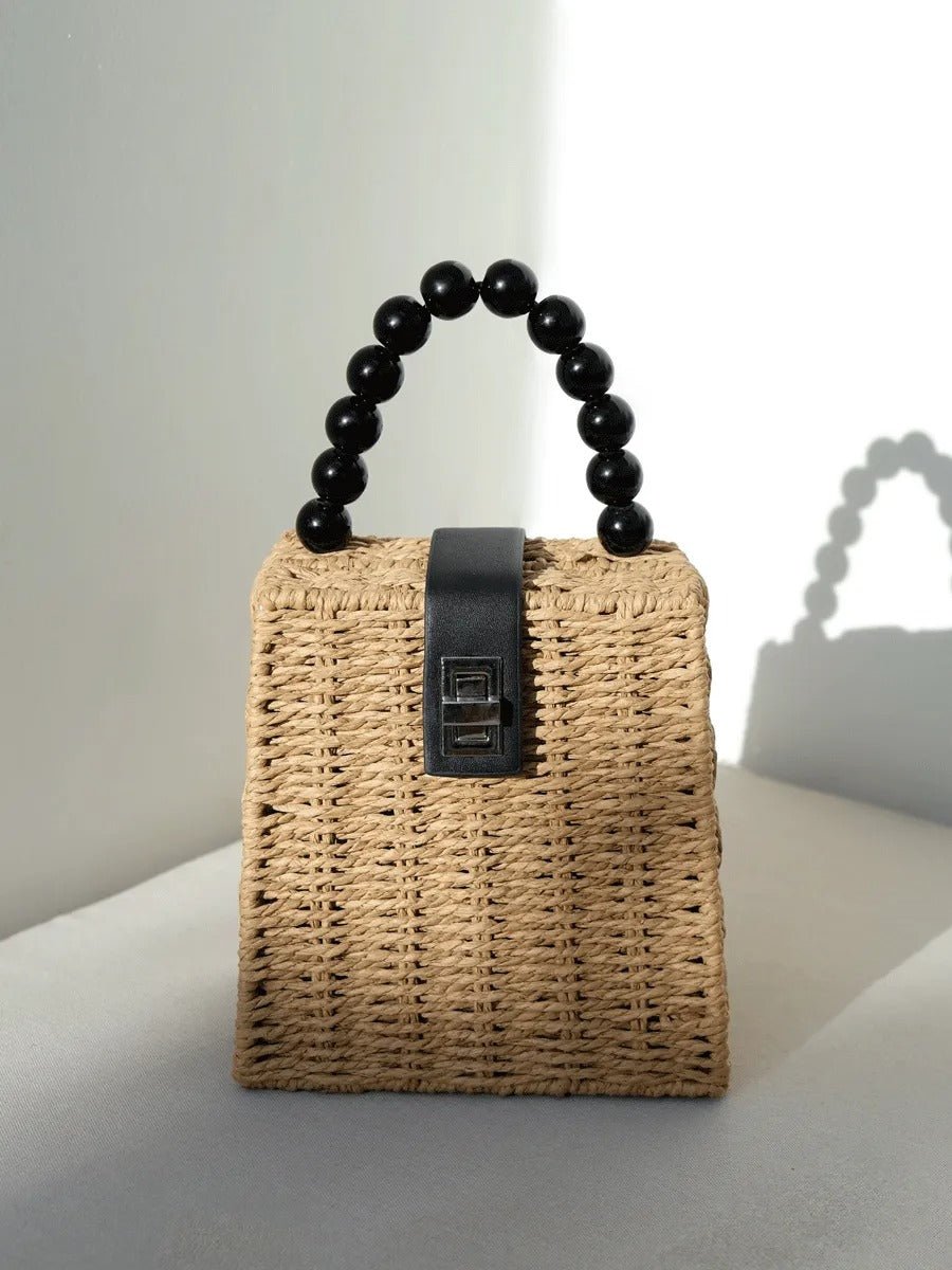 Sac de plage en raphia, perles noires, anse rigide, bandoulière amovible, petit format compact, modèle Claire - Sac de plage - Camel