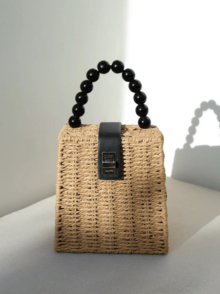 Sac de plage en raphia, perles noires, anse rigide, bandoulière amovible, petit format compact, modèle Claire - Sac de plage - Camel