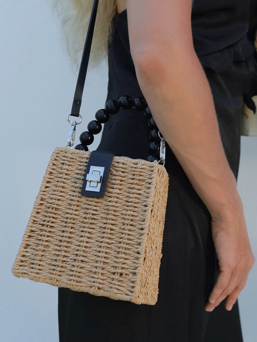 Sac de plage en raphia, perles noires, anse rigide, bandoulière amovible, petit format compact, modèle Claire - Sac de plage - Camel