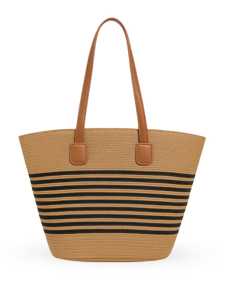 Sac de plage en raphia tressée, grande contenance, fermeture zippée, poignées longues, style tote bag, vacances au soleil, modèle Yema - Sac de plage - Camel et noir