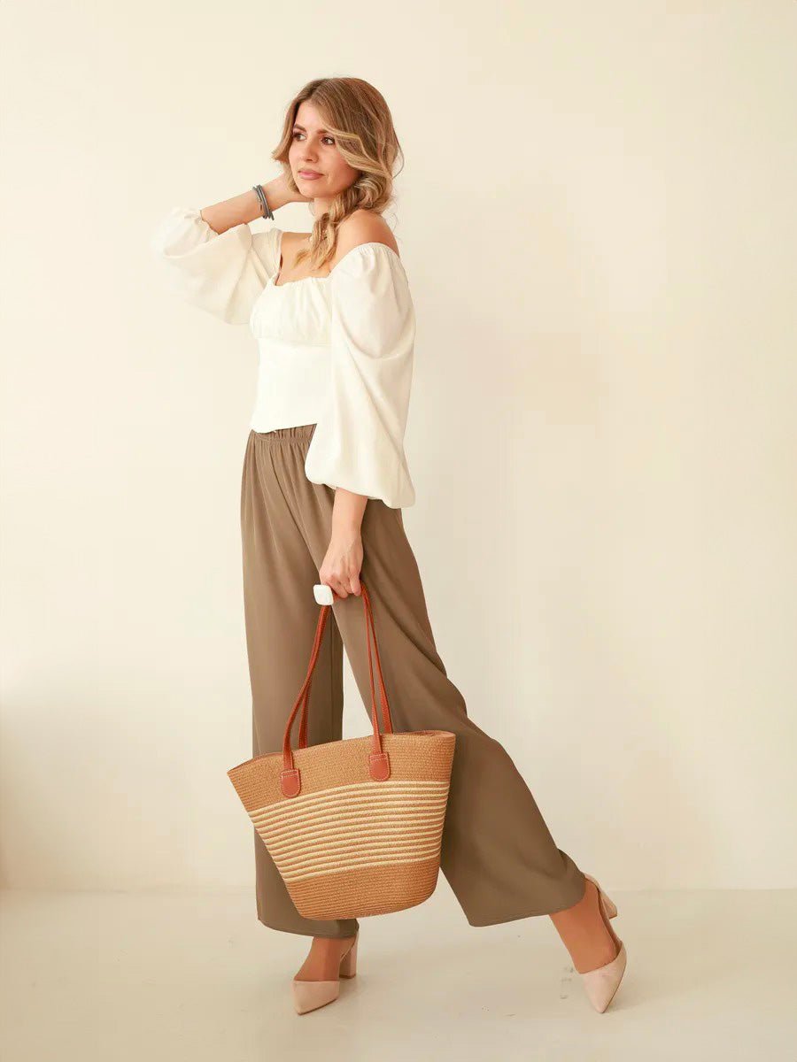 Sac de plage en raphia tressée, grande contenance, fermeture zippée, poignées longues, style tote bag, vacances au soleil, modèle Yema - Sac de plage - Camel et beige