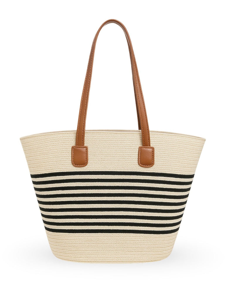 Sac de plage en raphia tressée, grande contenance, fermeture zippée, poignées longues, style tote bag, vacances au soleil, modèle Yema - Sac de plage - Beige et noir